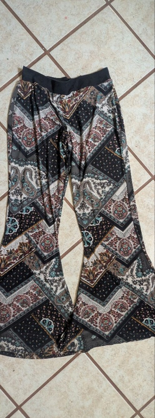 Boho Paisley Wide-Leg Pants — Black with Teal & Brown Print
